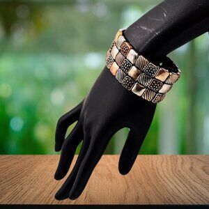 Wide Mixed Metal Stretch Cuff Bracelet – Mosaic Tile Boho Statement